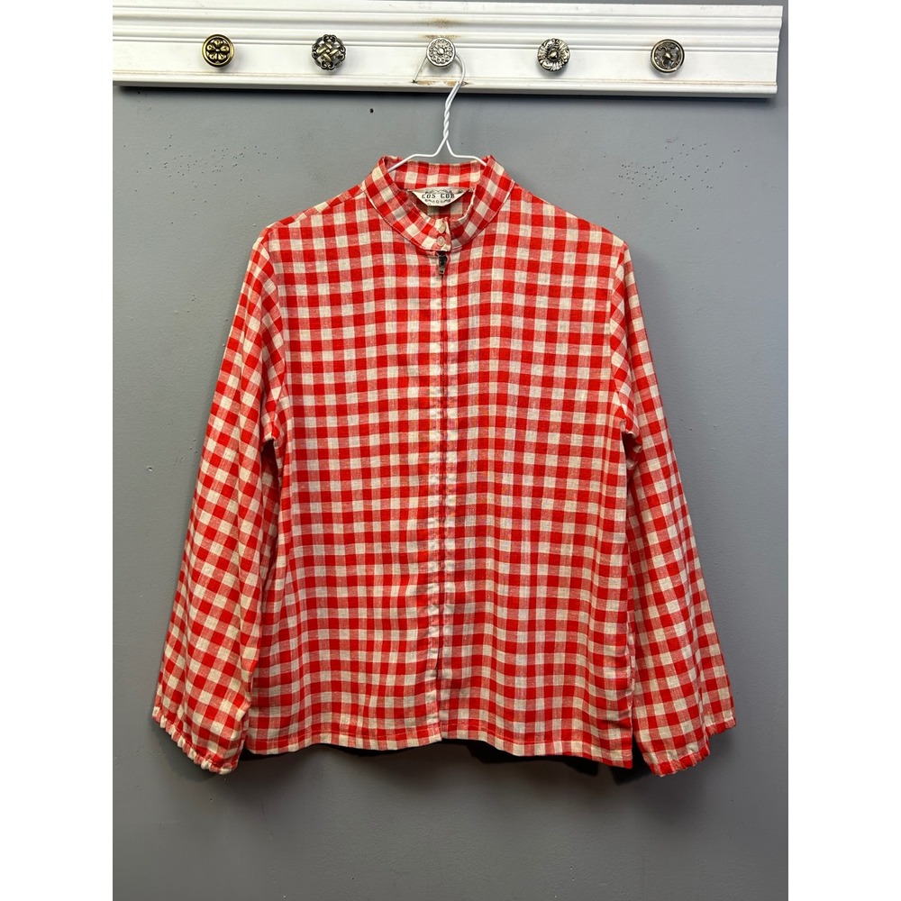 Cos Cob Blouse Women Medium Red Gingham Zip Up Mock Neck Long Sleeve Vintage